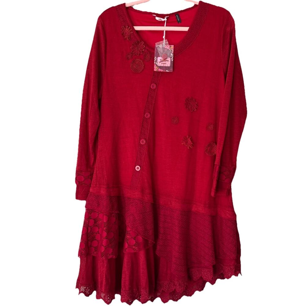 NWT Joe Browns Boho Red Knit Tiered Dress Sz 14 Romantic Fairycore Mixed Media